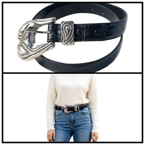 Women’s Elegant Slim Alligator Belt. Black, Silver. Small